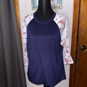 Women's Navy Raglan Floral Sleeve Top